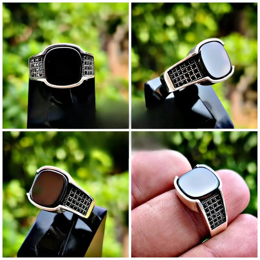 Men’s Stainless Steel Black Onyx Ring with Side Detailing