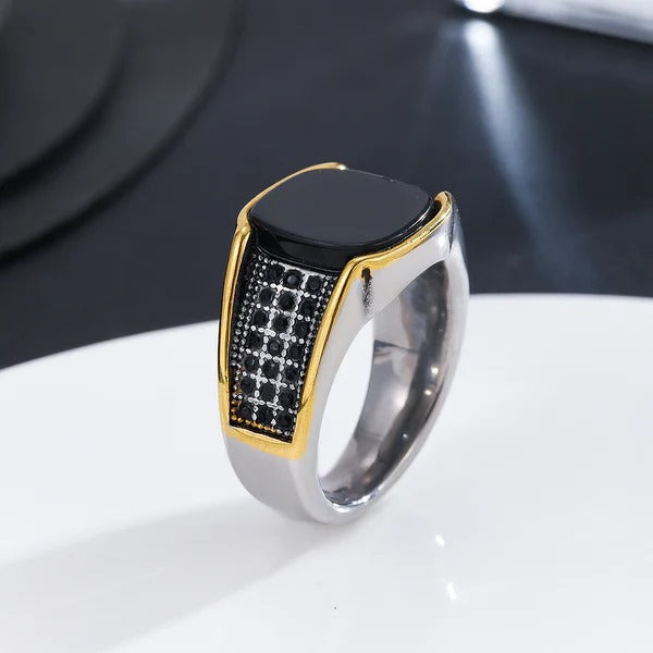 Men’s Stainless Steel Black Onyx Ring with Side Detailing