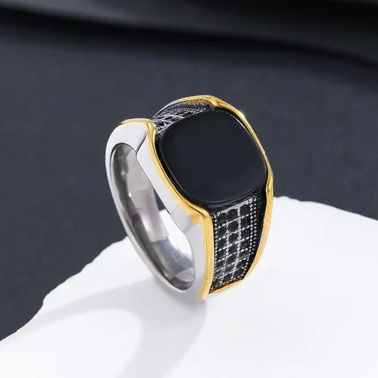 Men’s Stainless Steel Black Onyx Ring with Side Detailing