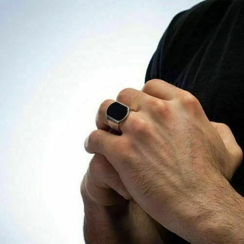 High Quality  Natural Black Onyx Stone 925 Sterling Silver Men's Ring